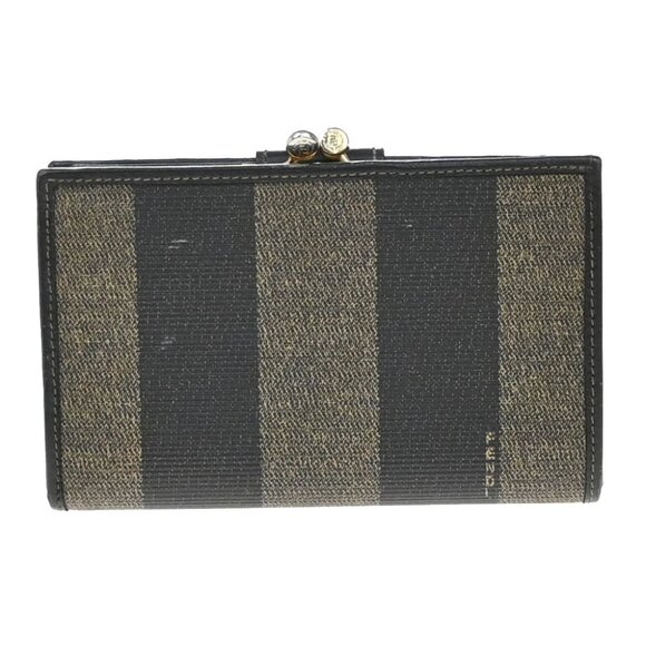 FENDI Logo Pequin Pattern Bifold Comapct Wallet PVC Leather Brown Italy - Picture 3 of 14